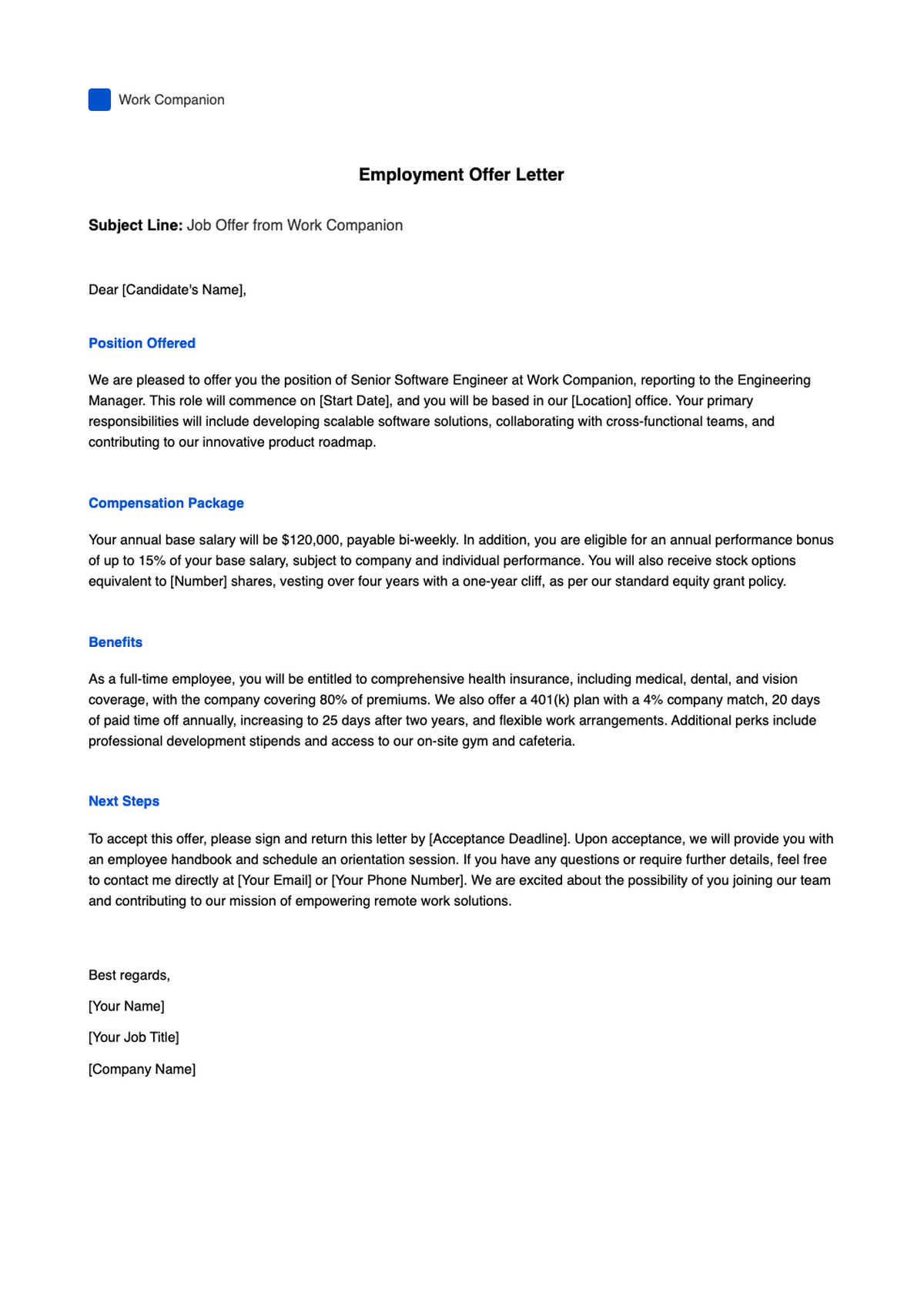 Professional job offer letter email template with placeholder fields_variant_3